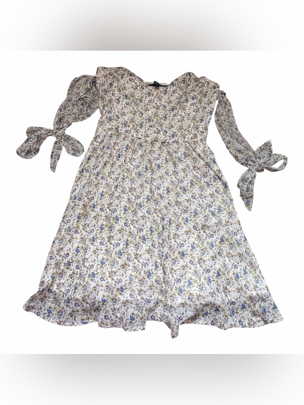 For Love & Lemons Kiss Me Dress Floral Tie Sleeve Mini Blue Ivory Boho M - Picture 3 of 7